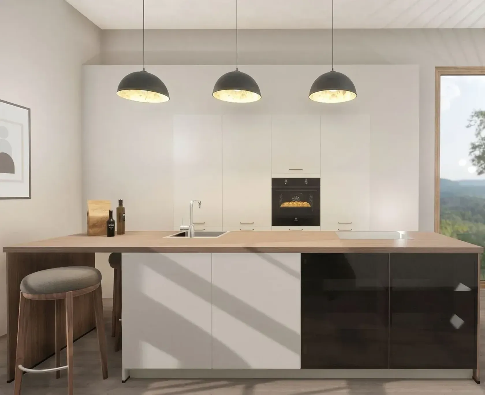 Gemütliche keittiö mit Innova-ovet im mattaen Sandton. Die warmen, sandfarbenen ovet der korkeat kaapit und der keittiöninsel schaffen eine wohnliche Atmosphäre, abgerundet durch schwarze Kontrastelemente.