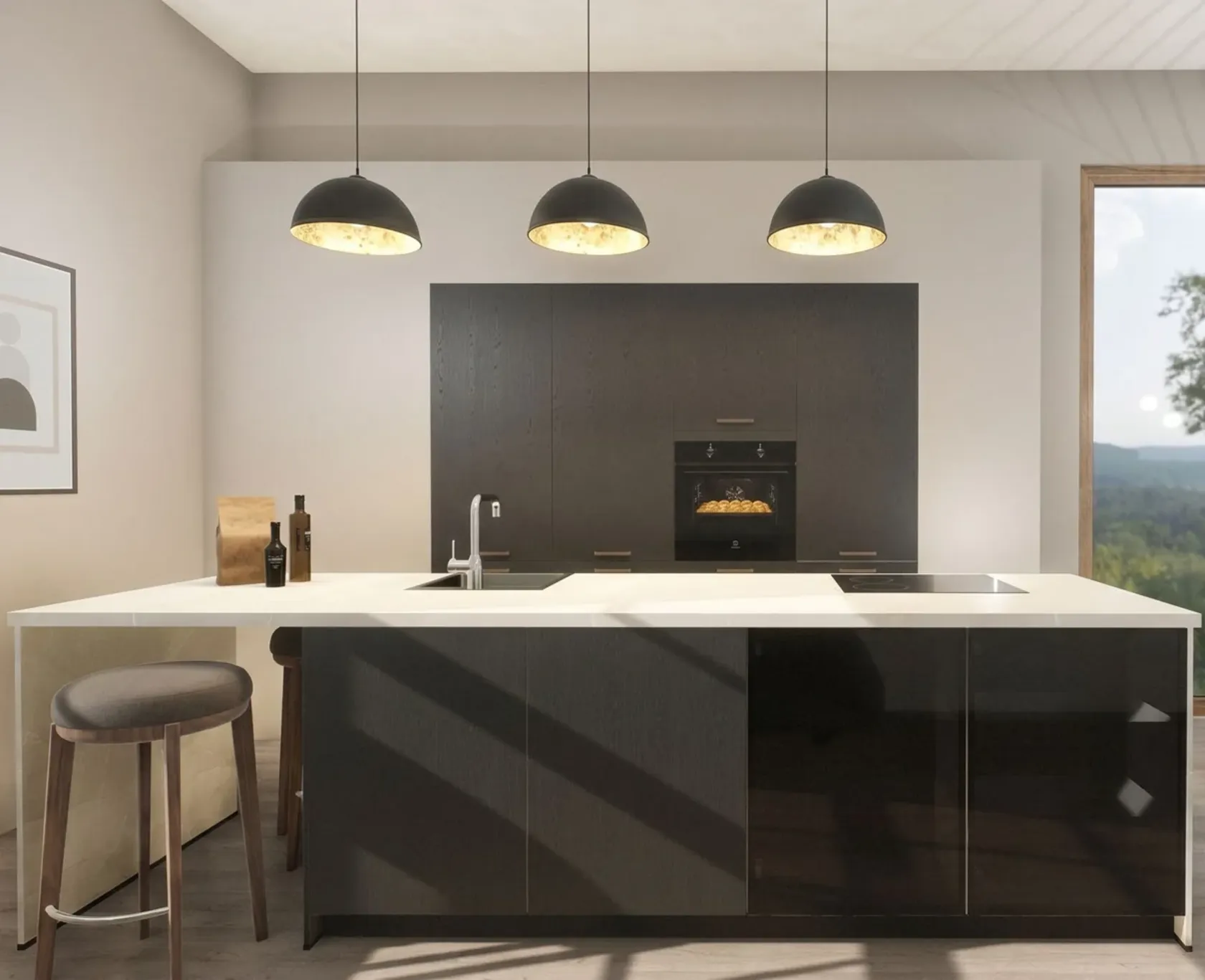 Elegante Design-keittiö der Serie Materia im schwarzen Eichenholz-Dekor. Die dunkle, strukturierte Holzoptik der ovet an korkeat kaapitn und keittiöninsel wirkt luxuriös und moderni.