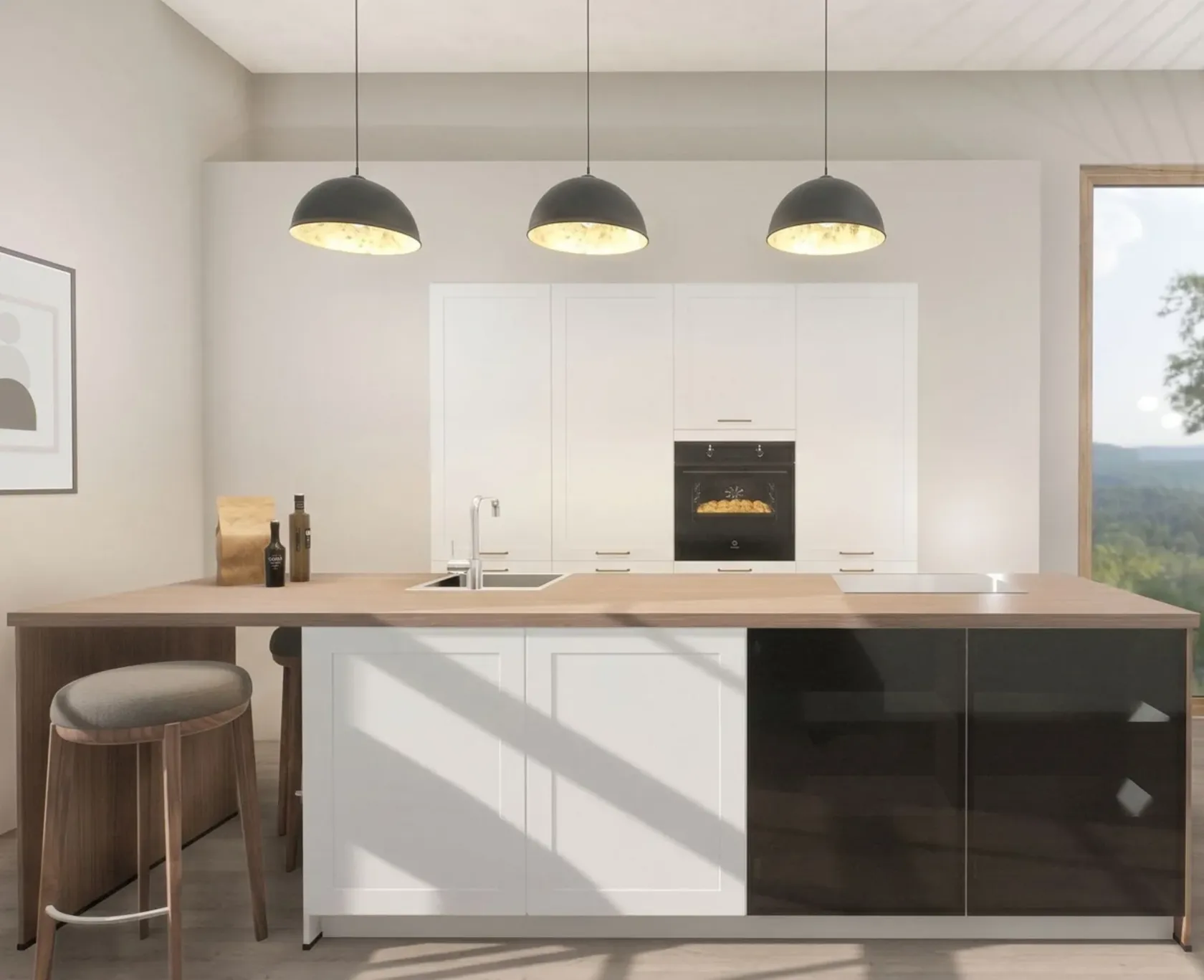 Helle, freundliche keittiö der Serie Novia mit weißen kehysovet im skandinavischen Landhausstil. Die profilierten weißen Schränke wirken einladend und moderni.